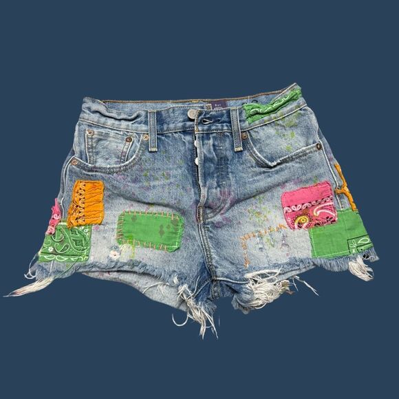 OOAK Levi Patchwork Shorts Res Ipsa Boho Cut Off Denim Shorts Size 26” #134 - Picture 2 of 9